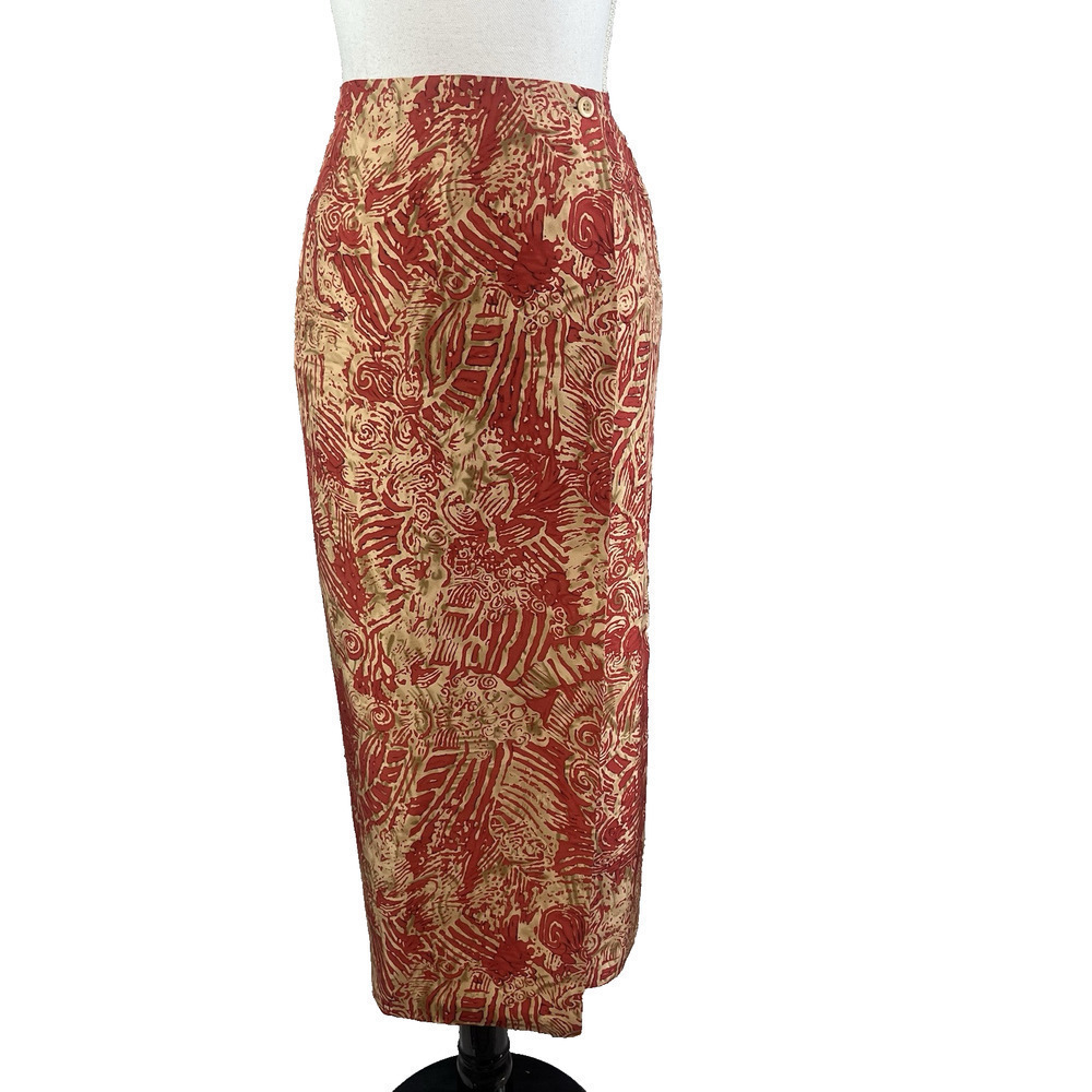 Nygard Collection Skirt size 8 Petite Dark Red Gold Silk Swirls Long Faux Wrap